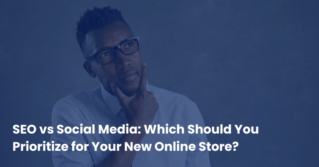 A featured image of a business man deciding whether to use seo vs social media